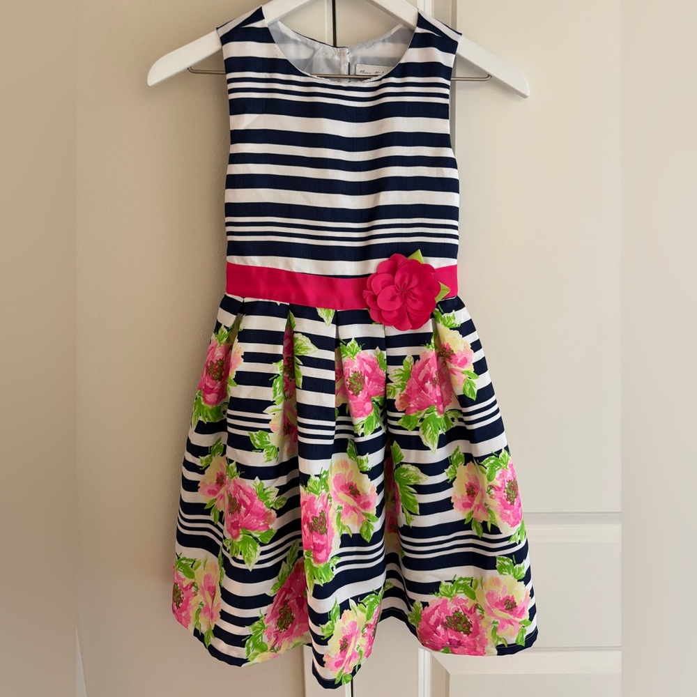 Jona Michelle Navy Striped Floral Sleeveless Lined Party Dress, Girls Size 7